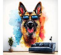 Autocollant mural Decords – Berger allemand coloré portant des lunettes de soleil, 260 cm