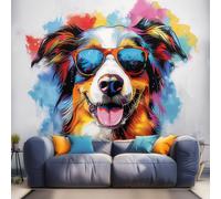 Autocollant mural Decords – Berger australien avec des lunettes de soleil, style aquarelle, dimensions : 239 x 178 cm