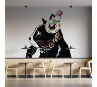 Autocollant mural Decords – chaton pensif avec casque, style street art, 79 x 56 cm, pour une application sur la droite
