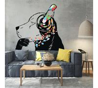 Autocollant mural Decords – chien pensif avec des écouteurs, style street art, 79 x 56 cm, pour une application sur la droite