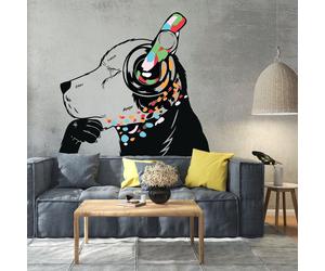 Autocollant mural Decords – chien pensif avec des écouteurs, style street art, 79 x 56 cm, pour une application sur la droite