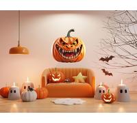 Autocollant mural Decords – citrouille d'Halloween souriante et maléfique avec effet 3D, 279 x 279 cm