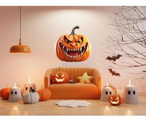 Autocollant mural Decords – citrouille d'Halloween souriante et maléfique avec effet 3D, 279 x 279 cm