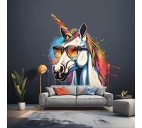 Autocollant mural Decords – licorne colorée style graffiti avec des lunettes de soleil, 160 cm