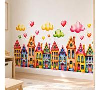Autocollant mural Decords – maisons colorées à l'aquarelle représentant une petite ville, 140 cm