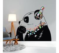 Autocollant mural Decords – panda pensif avec casque, style art de rue, dimensions 340 x 236 cm, pour une application sur la droite