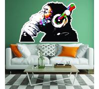 Autocollant mural Decords – singe pensif avec casque, style street art, dimensions : 279 x 196 cm, pour une application sur la droite