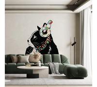 Autocollant mural Decords – Tête de chat avec casque, style street art, 157 x 160 cm, pour une application sur la droite