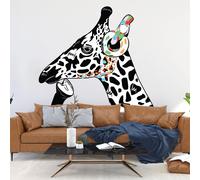 Autocollant mural Decords – Tête de girafe avec casque audio, style street art, 259 x 180 cm, pour une application sur la gauche