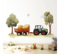 Autocollant mural Decords – Tracteur dans un décor de ferme avec des bottes de foin, 140 cm