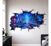 Autocollant mural Decords – Ville cyberpunk avec effet néon et effet de mur percé en 3D, 200 cm
