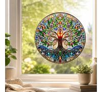Autocollant mural pour fenêtre vitrail et arbre de vie - Autocollant rond - Étanche - Imitation verre 3D - Statique - Pour la maison et le salon