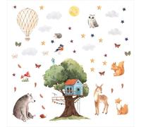 Autocollant mural représentant une cabane dans les arbres avec des animaux de la forêt, style aquarelle - 1750 x 980 mm