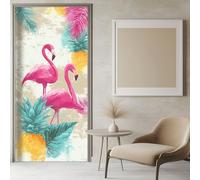 Autocollant Porte 3D Dessiné À La Main Flamant Rose Ananas 83x204 cm Beige Stickers de Porte PVC Papier Peint Imperméable Salon Muraux Décoration, Vinyle Stickers pour portes intérieures