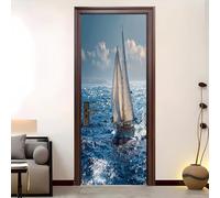 Autocollant Porte 90 x 200 cmMotif De Navire Sur La Mer Sticker Porte Auto-adhésif Vinyle Résistant à l’humidité Bleu Convient Pour Décoration de Chambre Adulte et Enfant.