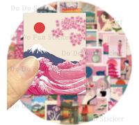 Autocollants d'art esthétique japonais rétro rose, 50 pièces, soleil rouge, fleurs de cerisier, vagues, montagne Fuji, beau décor créatif et étanche 50 pièces