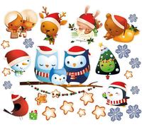 Autocollants de Noël représentant une famille de chouettes et leurs amis – Autocollants de Noël à coller – Décoration de Noël – 120 x 145 cm
