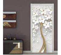 Autocollants de porte 3D, 90 x 200cm papier peint de porte auto-adhésif 3D fleur blanche salon chambre étanche Photo papier peint