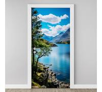 Autocollants de Porte Montagne Lac Sticker Papier Peint Porte 3D Paysage Naturel Stickers Mural Porte PVC pour Chambre Salle de Bain Auto-adhésif Amovible Poster Art Décor 95x215 cm