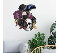 Autocollants d'Halloween rétro Paris Squelette Corbeau Oiseau noir Bienvenue Halloween Stickers muraux Fleurs roses Art mural Papier peint amovible en vinyle pour chambre d'enfant Garçons Nursery