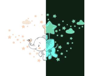 Autocollants lumineux – Éléphants joyeux dans les nuages + 120 étoiles – Autocollants muraux/de plafond pour chambre d'enfant – 140 x 110 cm