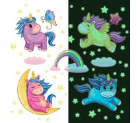Autocollants lumineux – LICORNES DANS LE CIEL ÉTOILÉ – Autocollants fluorescents pour murs et plafonds pour enfants – 130 x 80 cm