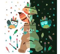 Autocollants lumineux – Ours en peluche et animaux indiens – Autocollants fluorescents pour murs et plafonds pour enfants – 135 x 100 cm