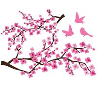 Autocollants muraux – 2 branches de cerisier en fleurs japonaises et 3 oiseaux – 100 x 135 cm