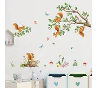 Autocollants muraux avec une branche d'écureuil, des animaux de la forêt et des branches d'arbres ; autocollants muraux pour chambres d'enfants, chambres de bébé et salons.