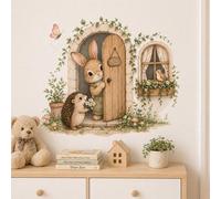 Autocollants muraux lapin et hérisson à l'aquarelle, décalcomanies amovibles d'animaux de dessin animé mignons pour porte et fenêtre, décoration murale de style bohème pour chambre d'enfant, chambre d