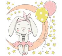 Autocollants muraux – Un petit lapin assis sur la lune et 30 étoiles – 130 x 120 cm