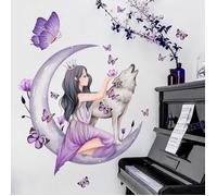 autocollants pour chambres de filles,Décalque mural lune loup fleur fée,Décor mural floral rose Papillons Wolf Butterfly G STICKERS