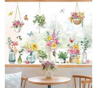 Autocollants pour fenêtres, fleurs, printemps, plantes en pot, décoration de fenêtre, plantes suspendues, feuilles, film anti-chocs pour fenêtres, autocollants décoratifs pour vitres