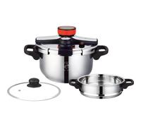 Autocuiseur 4 L en acier inoxydable Autocuiseur compatible induction Casserole à couscous 2 en 1 Avec panier vapeur et couvercle en verre Royal Swiss