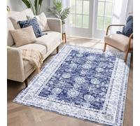 Auton Tapis Lavable en Machine - 120 x 170 cm - Design Vintage - avec antidérapant - pour Salon, Chambre à Coucher - Imprimé Floral - Anti-Taches - Décoration de la Maison et du Bureau - Bleu