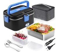 AUTOPkio Gamelle Chauffante 1,8L, 12V 24V 220V 80W Boîte à Lunch Electrique avec Sac Acier Inox Fourchette Cuillère pour Bureau Voiture Camion (Noir-Bleu)