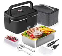 AUTOPkio Gamelle Chauffante 1,8L 80W, 12V 24V 220V Boîte à Lunch Electrique avec Sac Acier Inox Fourchette Cuillère pour Voiture Camion Bureau (Noir)