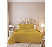Autrefois Dessus de lit 240 x 260 cm Sixtine Or Jaune - Effet Peau de pêche - Couvre lit matelassé Doux et léger - Boutis uni 2 Places - Couverture Microfibre - Plaid canapé déco