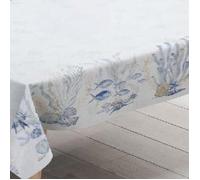 Autrefois Nappe enduite imprimé, Nappe Anti Tache, Nappe 160x160cm, Thème Mer, Motifs Coraux et Poissons, Pélagos Bleu