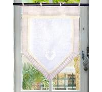 Autrefois Rideau Enrouleur et Brise bise, Lin brodé, Voilage Broderie, Style Charme, Petit Rideau Fin, Decoration pour fenetre de Cuisine, Salle de Bain, Salon, Vichy (Beige, 45 x 120 cm)