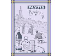 Autrefois Torchon Imprimé Jacquard Bleu 48x70cm, Thème Marseille, Motif Bouteille de Pastis, Pastis Bleu