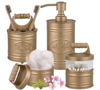 Autumn Alley Lot de 4 accessoires de salle de bain dorés antiques - Distributeur de savon de ferme, porte-brosse à dents, 2 pots d'apothicaire - Décoration de salle de bain dorée - Accessoires de