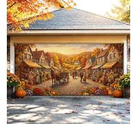 Autumn Village Harvest Scene Market Garage Door Cover 397 x 180 cm | Chariot tiré par des chevaux, bannière de porte de garage, maisons en bois, feuillage d'automne, thème récolte