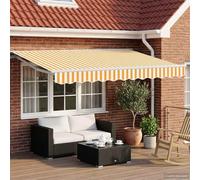 Auvent rétractable électrique pour terrasse 3x2,5m jaune blanc avec télécommande et manivelle, polyester PU, cadre en acier-aluminium, semi-cassette