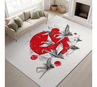 AUWUUA Origami Japonais Grue Rétro Tapis 60x110cm Antidérapant Lavable Tapis Chambre, Blanc Rouge Doux à Poil Ras Paillasson Interieur Entree, Minimaliste Enfant Ado Décoration Moquette