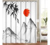 AUWUUA Rideau de Douche Motif Aquarelle à l'encre de Chine, 120 x 213 cm, Montagne, Soleil Rouge, Arbres et Bambou, Tissu Polyester imperméable avec Crochets.