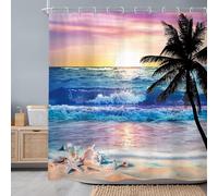 AUWUUA Rideau de Douche Ocean Beach Sunrise 110 x 210 cm Palmier Tropical Hawaïen Bleu Vagues de la mer Coucher de Soleil Côtier Été Nature Décoration de Salle de Bain Rideau avec Crochets