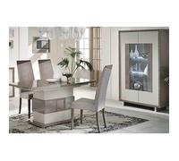 AUXANE - Pack Séjour Table Allongeable + Vitrine 2 Portes Led Gris Metallisé et Mat