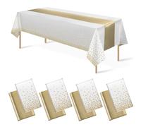 Auxemuen nappes jetables en Plastique, Nappe de fête de Point pour Mariage, Pique-Nique, Anniversaire, décorations de Douche de bébé, Fournitures (White and Gold-R, 137 * 274cm+30 * 274cm)