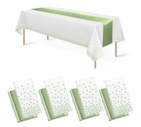 Auxemuen nappes jetables en Plastique, Nappe de fête de Point pour Mariage, Pique-Nique, Anniversaire, décorations de Douche de bébé, Fournitures (White and Sage Green, 137 * 274cm+30 * 274cm)